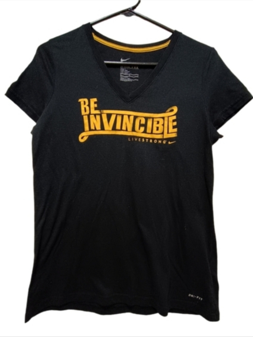 Nike Black V-Neck Tee with Yellow 'Be Invincible' Graphic